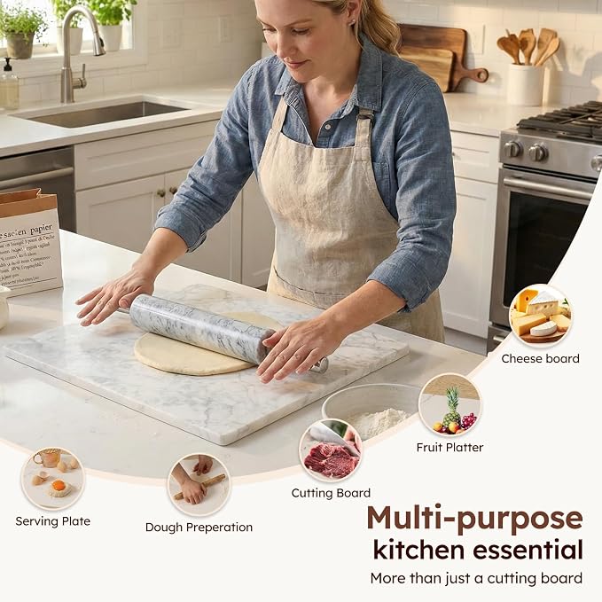 Diflart Natural Marble Stone Cutting Board for Kitchen, 16x16 Inch, White, Marble Slab Pastry Board Large with Non-Slip Feet for Backing, Cheese, Chocolate, Pack of 1 Piece