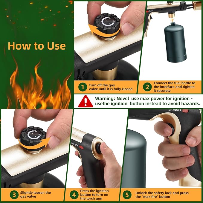 Powerful Propane Torch with One-Touch Max Fire, Adjustable Kitchen Torch with Safety Lock, Flamethrower, Blow Torch Gun for Grill, BBQ, Sous Vide, Campfire Starter (Tank Not Included)