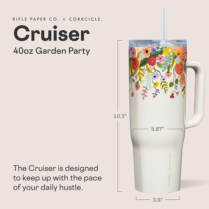 Corkcicle x Rifle Paper Co. Cruiser Insulated Tumbler with Handle & Straw - Keeps Drinks Cold 20 Hours - BPA-Free - Gift for Mom - Great for Mother's Day or Christmas - 40 oz - Garden Party Cream