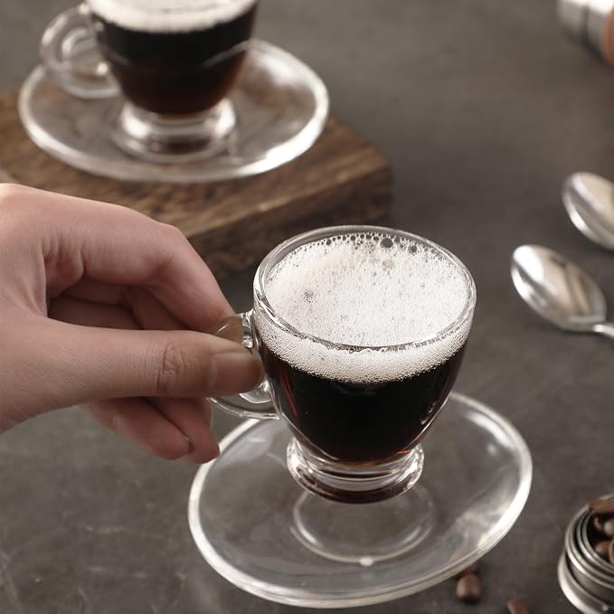 Espresso Cups with Saucers and Spoons Set of 6, Glass Demitasse Cups for Cappuccino Latte Café Mocha Tea and More Beverage, 3.2OZ/95ML, Clear