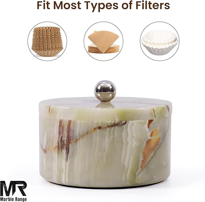 Marble Coffee Filter Holder – 6 inch Handmade Green Onyx Coffee Filter Holder with Lid, Storage Organizer for Kitchen Countertop & Bar Decor