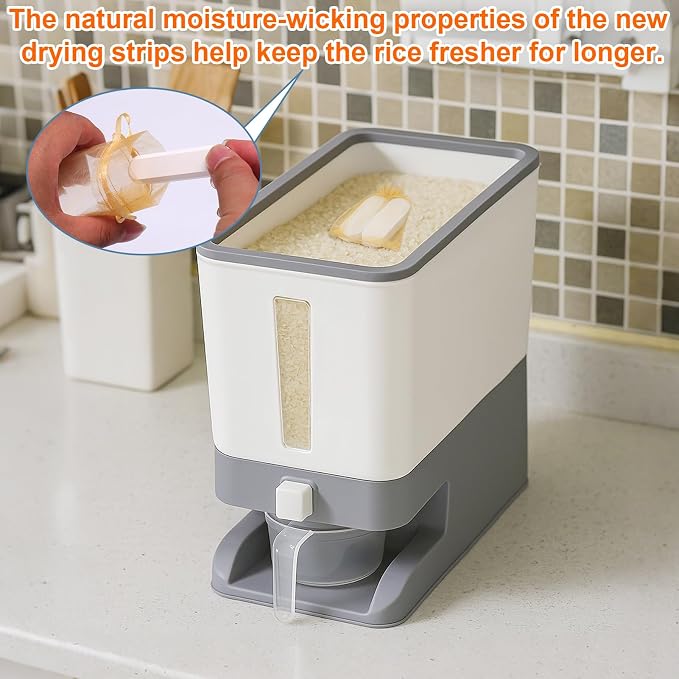 Mity rain Rice Dispenser 20 Lbs with Moisture Absorbing Clay, Rice Storage Container with Measuring Cup, 12 L Cereal Containers Storage Airtight for Kitchen Pantry Organization Gray