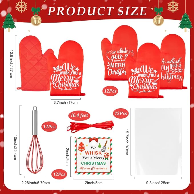 LemonRoad 12 Sets Christmas Whisk Baking Gift Set Xmas Silicone Whisks Oven Mitt Pot Holder Greeting Cards Ribbon Bags for Holiday Kitchen Utensils Cooking Supplies Neighbor Gift(Exquisite,Red)