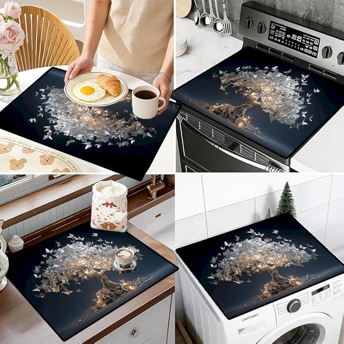 Stove Top Cover for Electric Stove 28.4 x 20.5 Inch Non Slip Stove Mat Oil Proof White Butterfly Tree Glass Cooktop Protector Kitchen Counter Mat