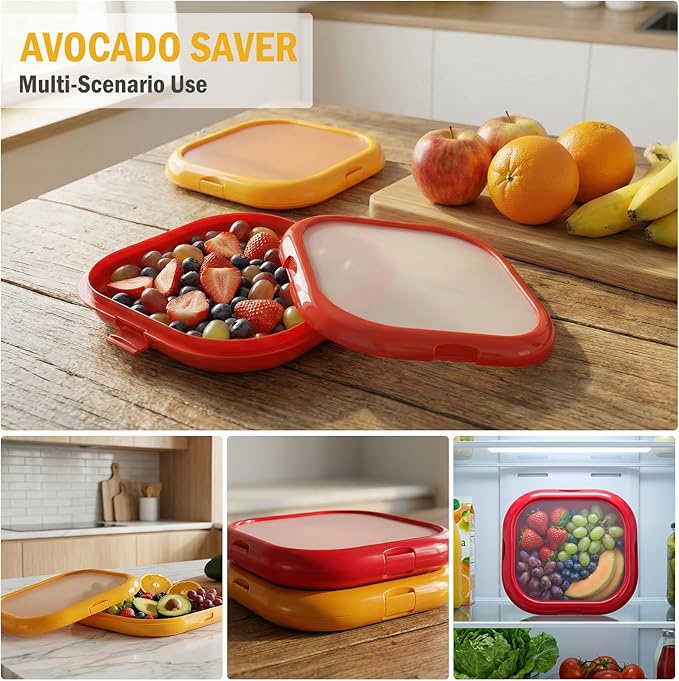 2 Pack Reusable Silicone Storage Boxes, Avocado Saver & Onion Storage for Avocado, Cut Onions, Tomatoes, Garlic and Leftovers in Fridge (Red/Yellow)