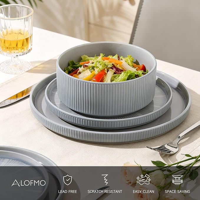 Dinnerware Sets, Ceramic Plates and Bowls Set 12 Piece Dinnerware for 4 Chip Resistant Stoneware with Advanced Inkjet Printing Technology, Dishwasher and Microwave Safe-Smoky Blue