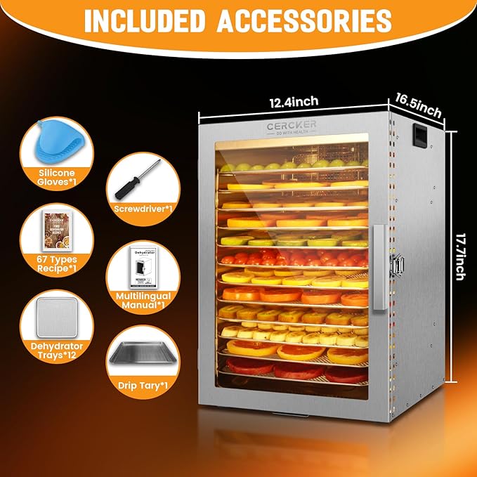 Food-Dehydrator Machine 12 Stainless Steel Trays, Meat Dehydrator for Jerky 10.9ft², 800W Dryer for Herbs, 190ºF Temperature Control,24H Timer,Powerful Drying Capacity for Fruits,Yogurt