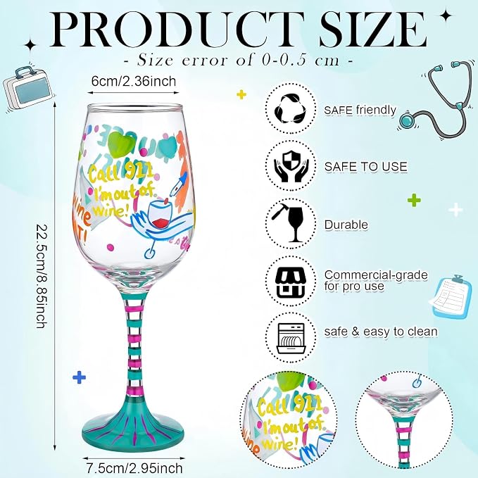 SiliFine 4 Pcs Nurse Stemmed Wine Glasses Hand Painted Drinking Cup Wine Glasses Gifts for Certified Nursing Assistants CNA Week Appreciation Nurses' Day Holiday Party Supplies