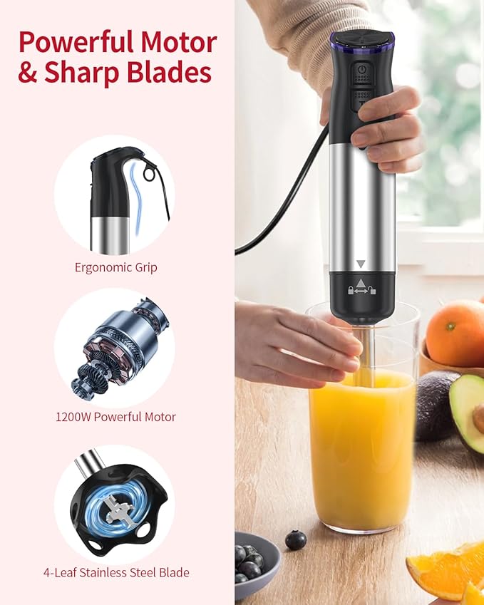 Electric Immersion Blender Handheld 1200W, 5-in-1 Hand Blender Mixer for Kitchen with 20-Speed & Turbo Boost, 800ml Beaker, 600ml Chopper, Whisk and Milk Frother for Smoothie, Soup, Puree, Baby Food