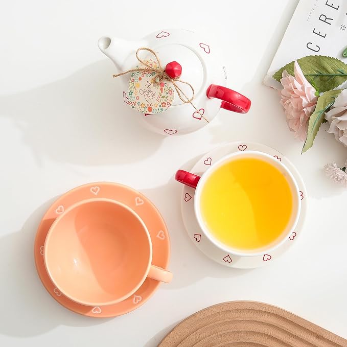 Domini Teapot cup combo,Teapot and Teacup for One,Tea Cup and Saucer Set-Tea Pot Set Gift for Girl Women,Matte orange