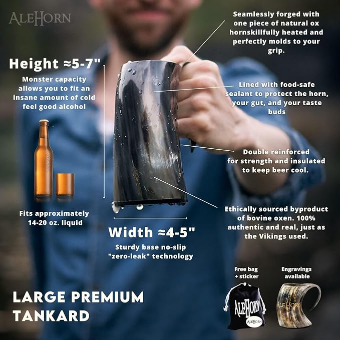 AleHorn Viking Drinking Horn Mug – Real Ox Horn Mead and Ale Cup – Handcrafted Medieval Style Norse Cup for Beer, Parties, Home Bar Decor & Holiday Gifts for Men – 12oz
