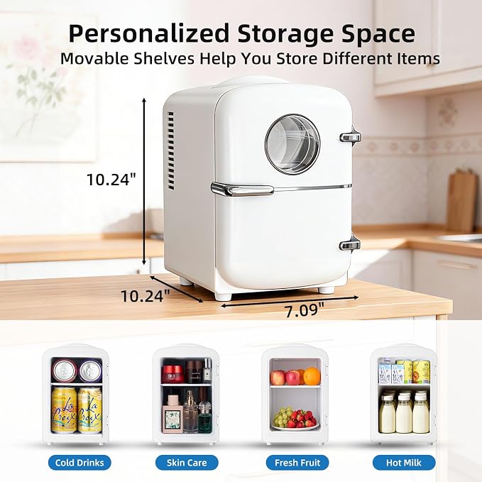Antarctic Star Compact Mini Fridge, 4L Capacity/6 Cans Portable Cooler and Warmer Compact Refrigerator, for Bedroom,Car,Office and Dorm, Small Cooler and Warmer for Cosmetics, Beverage and Food, White
