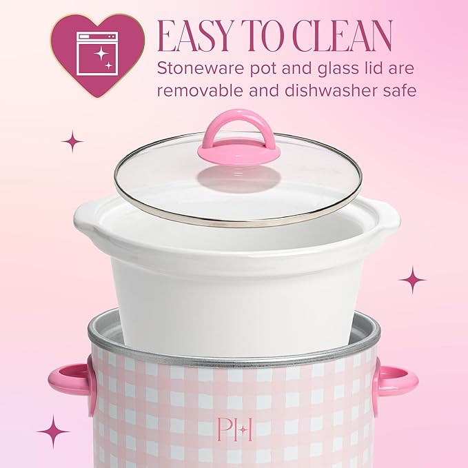 Paris Hilton 3.5-Quart Manual Slow Cooker, Features Three Settings (Low, High, Warm), Naturally Nonstick and Dishwasher Safe Stoneware Insert, Family Sized Capacity, Gingham Pink