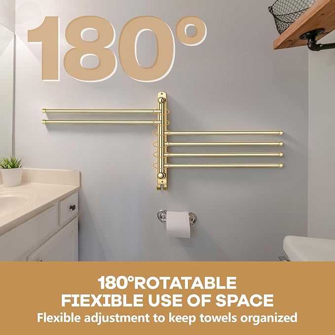 Teenyyou 20.4 Inches Swivel Towel Rack 304 Stainless Steel 6 Arms Bathroom Towel Rack Hanger Pool Holder Wall Mounted Swivel Bar Space Saving with Hook(Black)