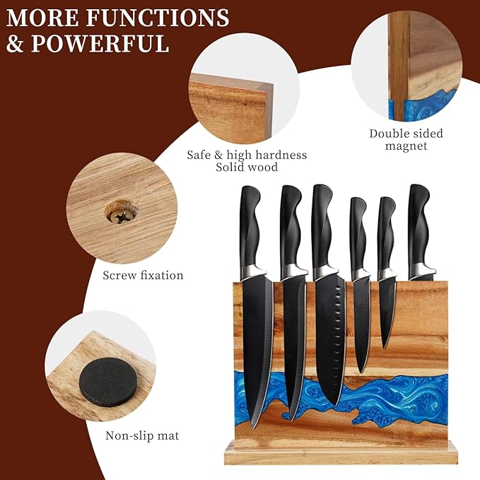 Ocean Magnetic Knife Block, Acacia Wood Knife Holder Stand with Strong Magnets, Double Side Knife Storage Rack for Kitchen (Blue)