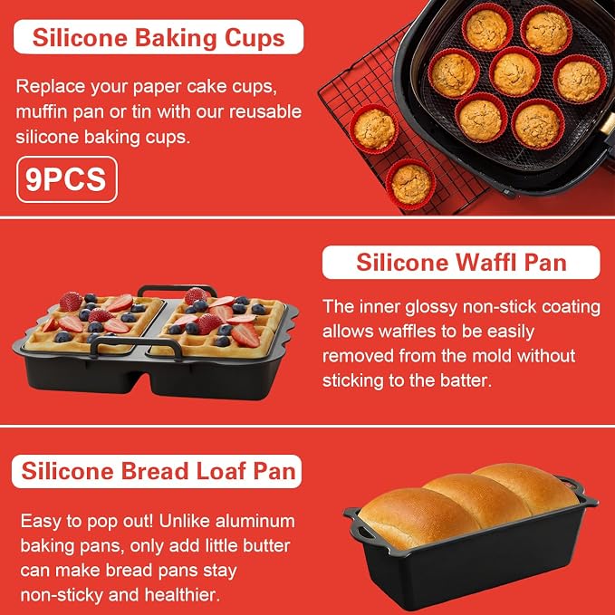Air Fryer Accessories for Chefman 8Qt 9Qt, Gourmia, Typhur, Nuwave, 7-9Qt Air Fryer Silicone Liners Accessories Set 2-In-1 Silicone Liners, Paper Liners, Grill Racks Basket, Muffin Molds