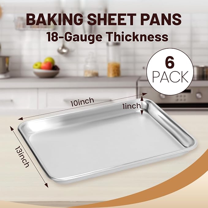 BIEAMA 6 Pack Quarter Size Aluminum Baking Sheet Pan, 13" × 10" | Commercial Cookie Sheets for Professional and Home Baking, roasting, bakery use, and everyday home kitchens