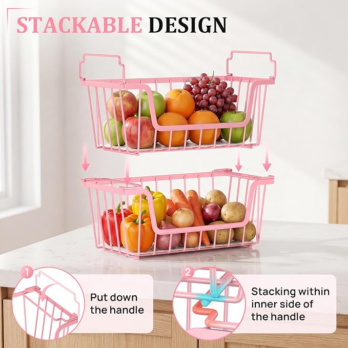 SUNALLY Stackable Storage Bins 6 Pcs Wire Baskets for Pantry Organizers and Storage, Vegetable Fruit Storage Basket for Countertop Organizer,Kitchen Storage Baskets for Onion Potato Snack,Pink