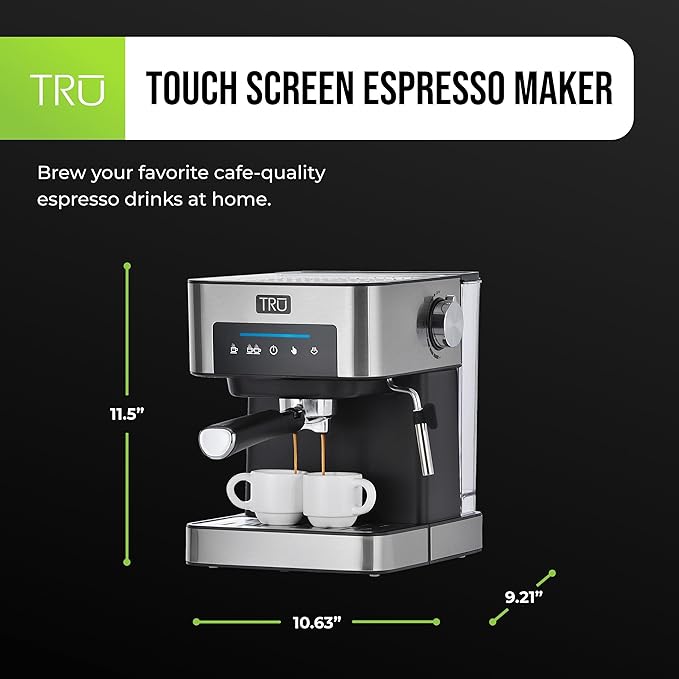 Tru Touch Screen Espresso Maker - Automatic Espresso Machine with Single & Double Shot Brew Settings - Comes with Steam Wand & Cup Warmer - Easy-to-Clean & Maintain - 56-Ounce Water Tank
