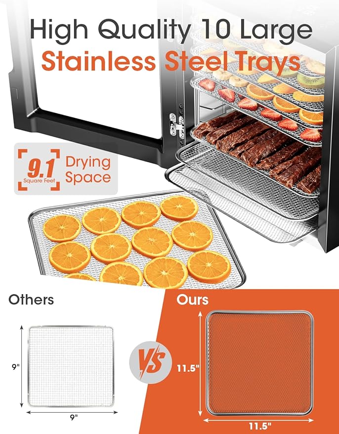 Manastin Food Dehydrator Machine, With Large 10 Stainless Steel Trays, 850W Dryer for Meat Jerky, Fruit Vegetable, 95-167℉ Dehydrated Dryer, 48H Timer,10 Presets, Overheating Protection
