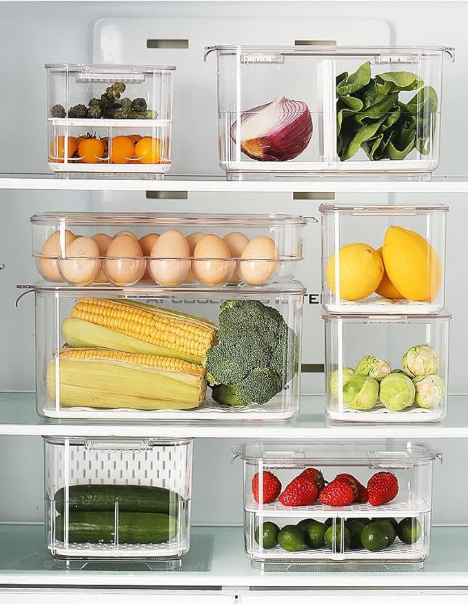 SANNO Fridge Produce Saver Stackable Refrigerator Organizer Keeper with Lids and Removable Drain Tray for Veggie, Berry, Fruits and Vegetables,Pack of 2