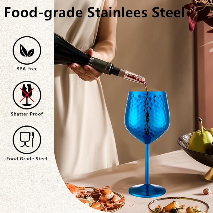 UNISWEET Stainless Steel Wine Glasses Set of 4 Unbreakable (Blue) | 17 oz Large-capacity Hammered Goblets, Lightweight & Reusable, Good for Outdoor, Camping, Pool Travel, Gift for Wine Lovers