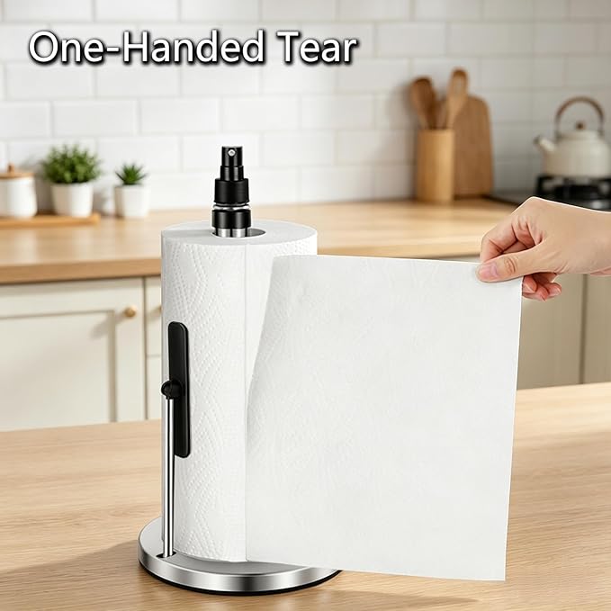 DAWNER Standing Paper Towel Holder with Spray Bottle, Weighted Base with Suction Cups, Paper Towel Stand with Spring-Loaded Arm for Kitchen, Countertop, Stainless Steel Brushed Nickel Finish