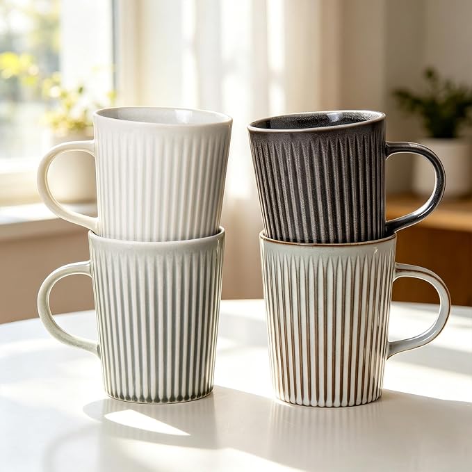 Coffee Mugs Set of 4 Modern Striped Stoneware Coffee Cups with Handle, Large Ceramic Gift Set for Women and Men, Dishwasher and Microwave Safe, 18oz for Hot Coffee, Tea, Cocoa, Milk