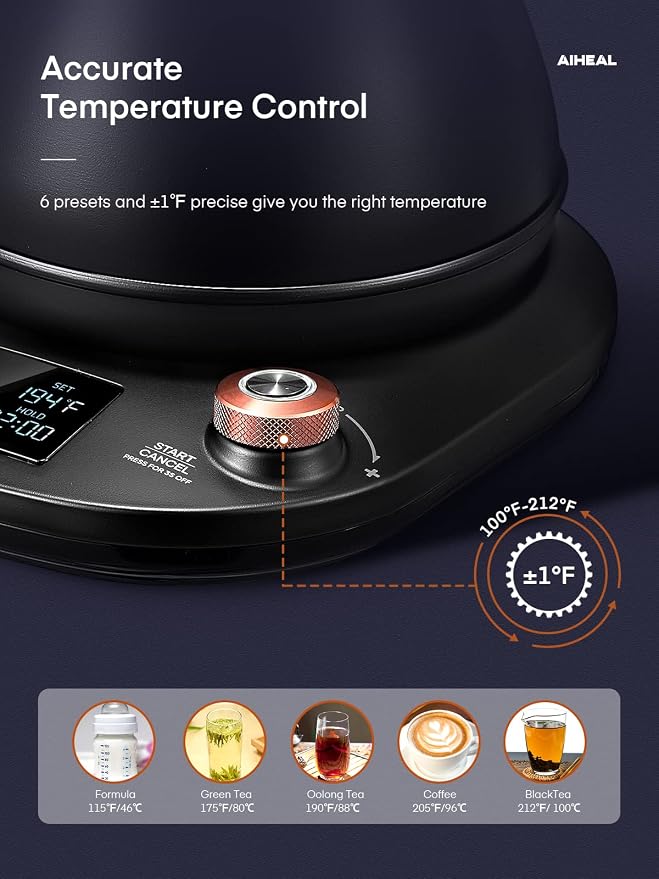 Electric Gooseneck Kettle Temperature Control, Pour Over Electric Kettle for Coffee and Tea, 100% Stainless Steel Inner, 1200W Rapid Heating, 0.8L, Built-in Stopwatch, Matte Black