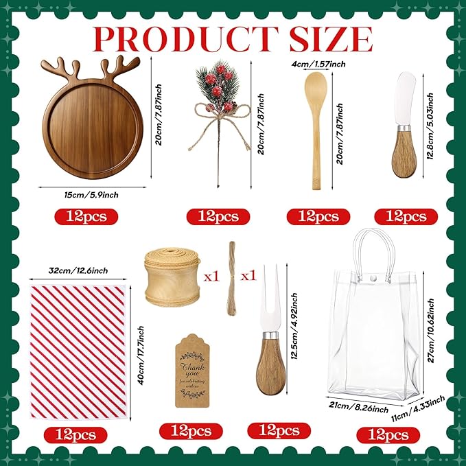 Potchen 12 Set Christmas Kitchen Gifts Wood Cheese Board Fork Spoon Butter Spreaders Dish Cloth Thank You Card Ribbon and Gift Bags for Merry Christmas Cooking Serving Xmas Utensils Gifts (Reindeer)