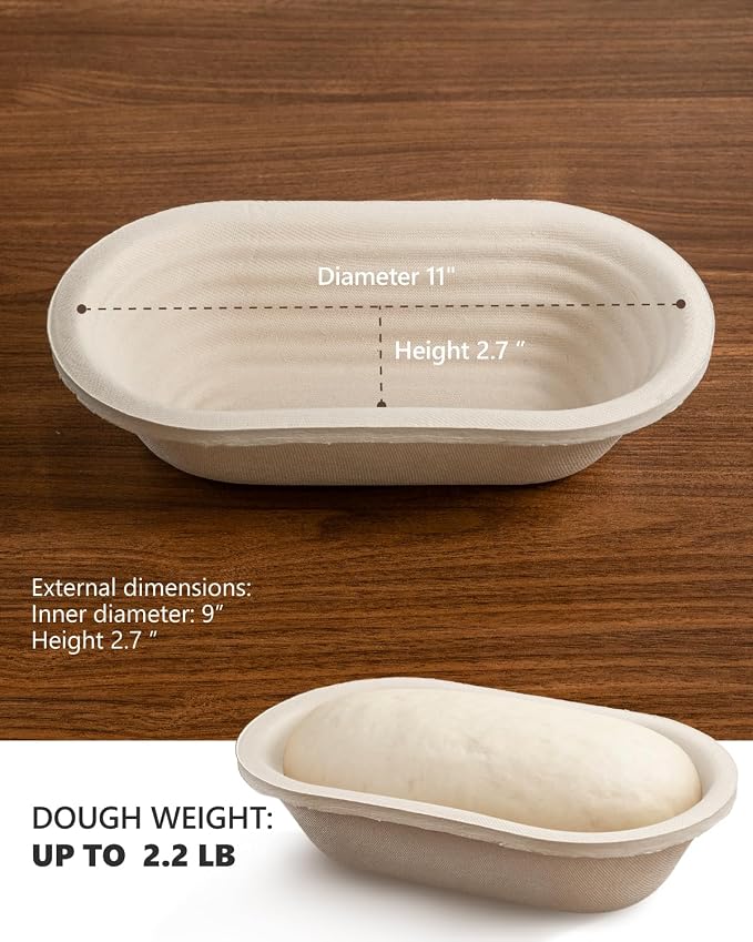 Wood Pulp Banneton Bread Proofing Baskets Set of 2, 11 Inch Oval 1.65LB Sourdough Banneton Basket with Liner, Non-Stick Dough Proofing Bowl for Rising and Baking