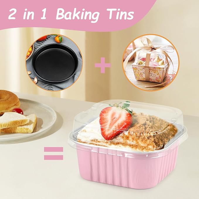 Mini Square Baking Cups with Lids, 50 Pcs Pink 5oz Aluminum Foil Cupcake Tins with Lids, Disposable Ramekins Flan Cake Pans Tins for Souffle, Dessert, Valentine, Wedding, Party Small Cake Containers