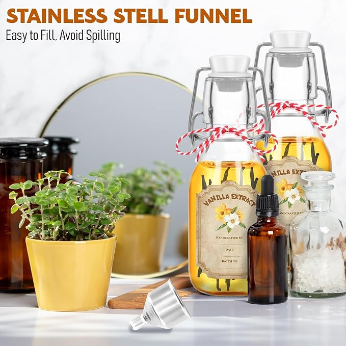 20 Pack Swing Top Glass Vanilla Extract Bottles 4 oz with Lids, Funnel and Vanilla Extract Labels, Boston Vanilla Bottles for Syrup Gift, Flip Top Glass Jars