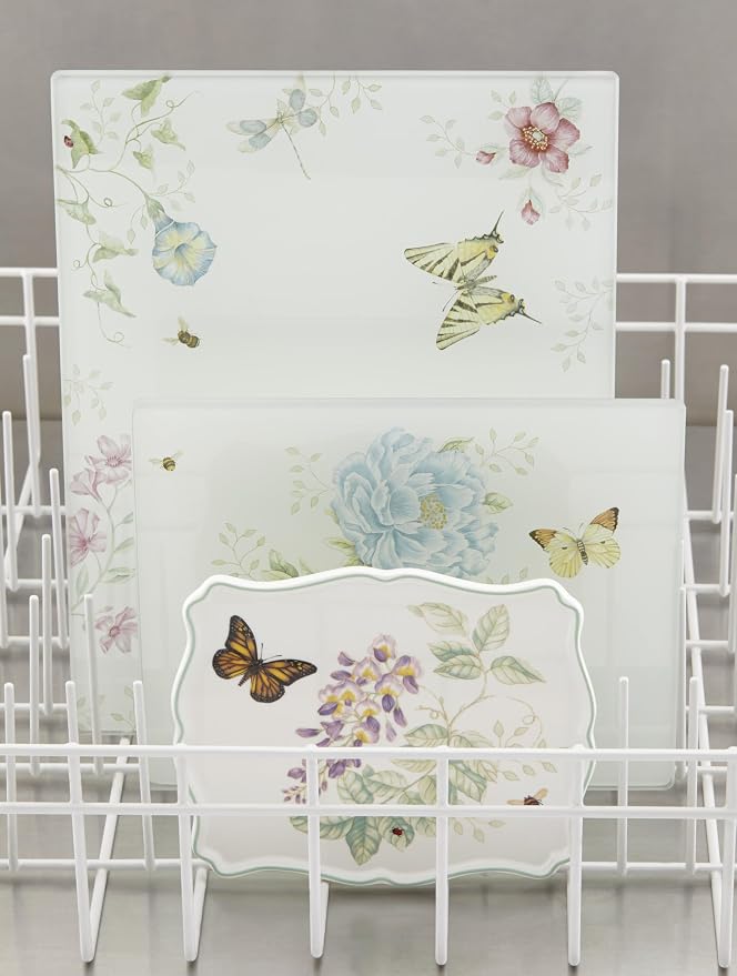 Lenox Kitchen, Butterfly Meadow Large Glass Cutting Board, Glass Material, Cutting Board For Home And Kitchen, Hand Wash Only, Butterflies Design, Tray (White, 1 Piece, 13 Inch W X 10.25 Inch L)