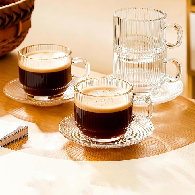 5.4 oz Espresso Cups Set of 4,Clear Glass Coffee Cups with Saucers Spoons and Cup holder,Stackable Small Cup for Espresso,Latte,Cappuccino,Tea