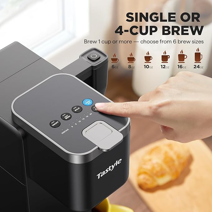 Tastyle Single Serve Coffee Maker with Built-in Detachable Milk Frother & Magnetic K-Pod Organizer, 6 Cup Sizes, Fits 7.3" Travel Mug, Black