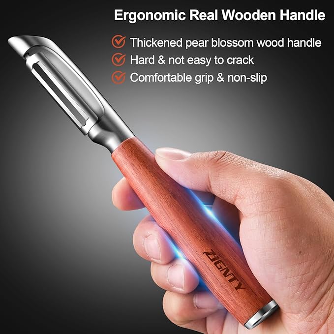 Premium Kitchen Tool Kit, Stainless Steel Garlic Press + Ultra Sharp I Shaped Wooden Peeler, Heavy Duty Ergonomic Handle, 5-year Warranty