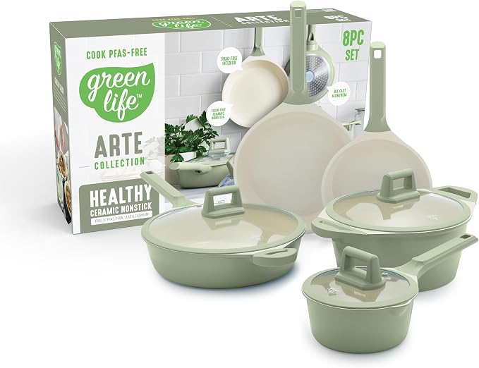 GreenLife 8 Piece Ceramic Nonstick Cookware Set, Induction Suitable Non Toxic PFAS-Free Pots & Pans, Dishwasher Safe, Cooking Set, Stock Pot, Saucepans & Frying Pans, Kitchen Cooking, Sage Green