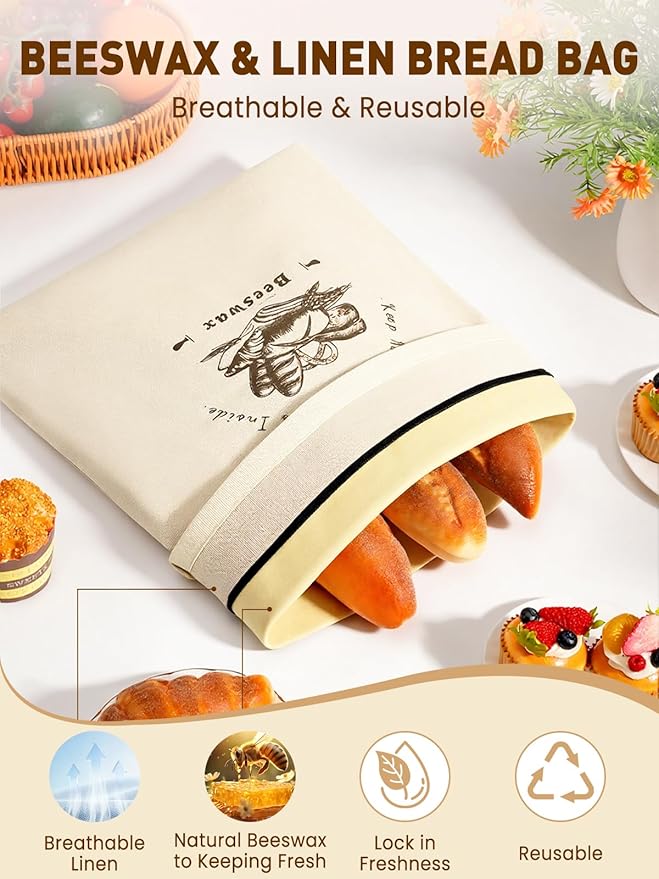 Weenkler Beeswax Bread Bag 2 Pack Reusable Linen Storage Bags with Zipper and Straps for Homemade Sourdough Loaf Breads XL Size
