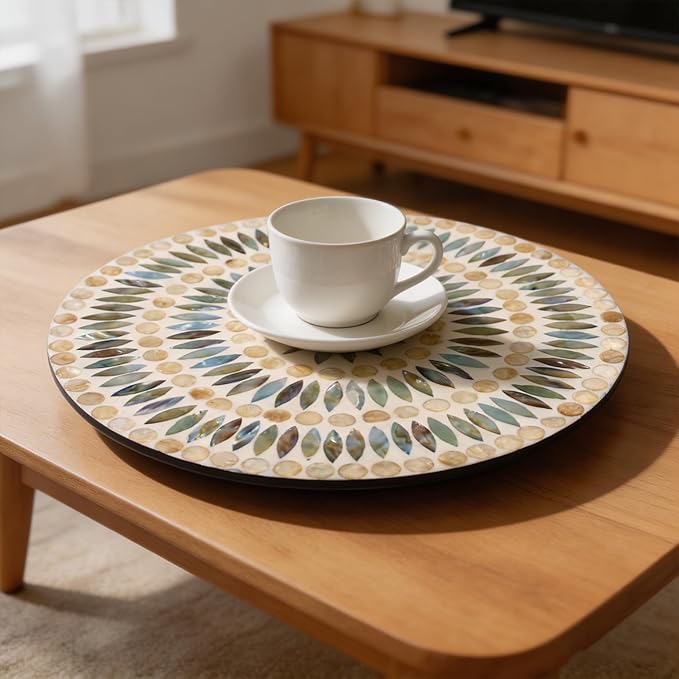 13.4" Mother of Pearl Lazy Susan, Table Centerpiece Round Shell Decorative Lazy Susan Turntable Rotating Tray Organizer for Cabinet Counter Gift Kitchen Office Cafe Home Decor (Dot Blue)