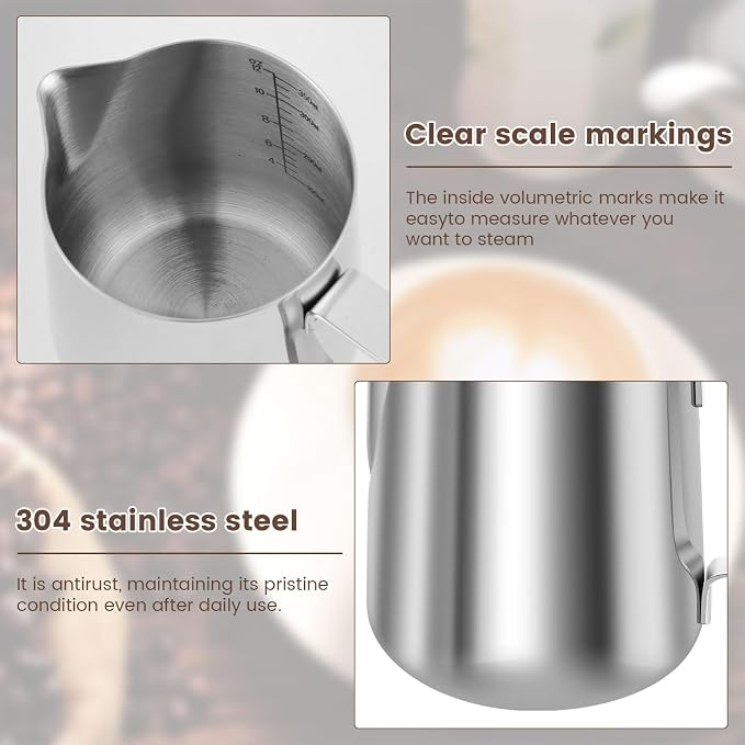 4PCS Milk Frothing Pitcher, 12oz/350ml Stainless Steel Milk Frother Cup, Espresso Coffee Jug for Latte Art Cappuccino, Barista Milk Cup with Decorating Pen for Home Barista and Coffee Bar