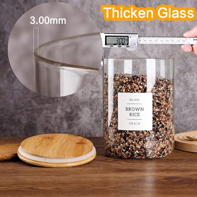 HHMJSM Large Glass Storage Jars With Airtight Bamboo Lid - 100 Fl Oz Thicken Kitchen Glass Food Storage Canister With 42 Pantry Labels - Big Clear Flour And Sugar Containers Farmhouse