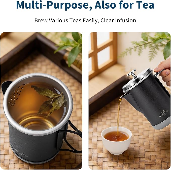 MERMOO YILAN Stainless Steel French Press with Folding Handle 32oz Black | for 4-6 Cups|Also a Milk Frother& Tea Maker|Non-slip Silicone Base|Compact Size for Camping, Travel, Backpacking,RV