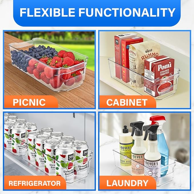 2-Piece Stackable Refrigerator Bin Organizer Set with Easy Grip Handles - Clear Multi-Purpose Storage Bins for Fridge and Pantry Use