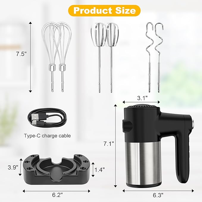 Cordless Electric Hand Mixer, 7 Speed Rechargeable Wireless Handheld Mixer with Eject Button, Long Battery, Quiet Anti-Splash, 6×304 Stainless Steel Attachments & Storage Base for Baking (Black)