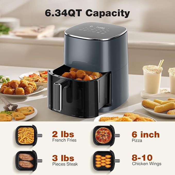 Sweetcrispy Air Fryer 6QT with Window, Square Airfryer Oven 12-in-1 for Family, 400°F Rapid Air Crispy Technology, Roast Bake Dehydrate, Nonstick & Easy-Clean Basket, Grey