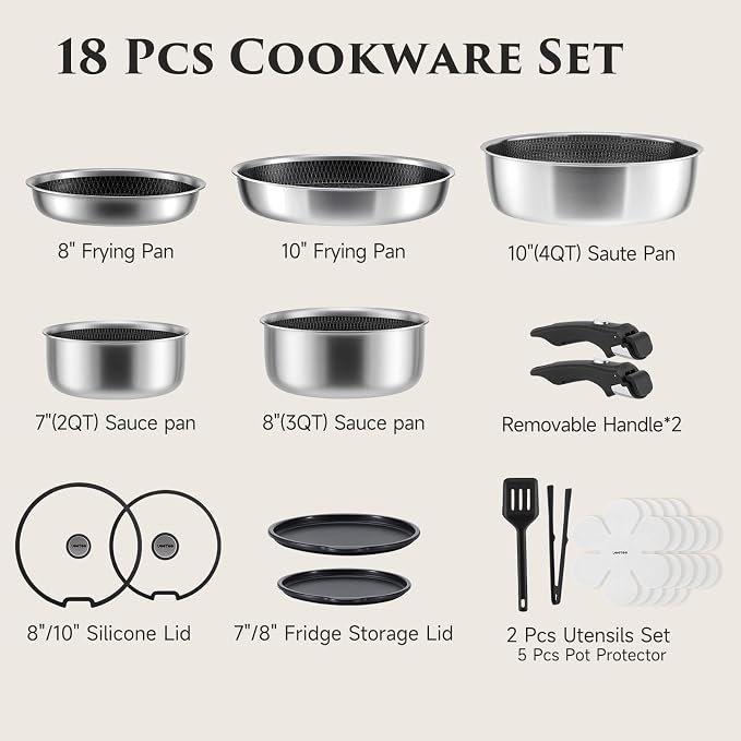 JEETEE Hybrid Tri-Ply Stainless Steel Cookware Set, 18pcs Pots and Pans Set Non Stick with Detachable Handles, Induction Cookware Set Kitchen Cooking Sets, RV/Camping Cookware, Dishwasher & Oven Safe