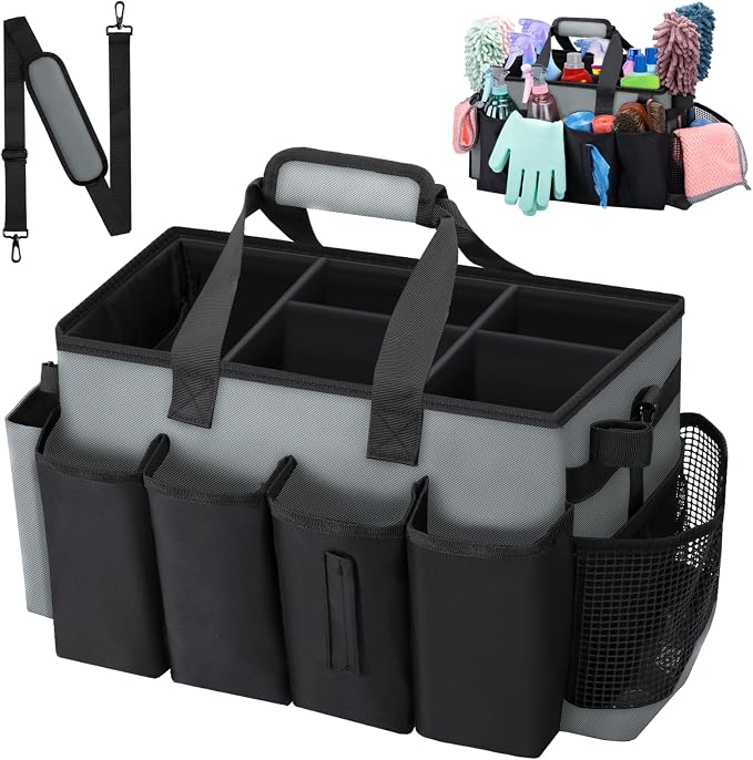 Wearable Large Cleaning Caddy Bag for Housekeeper, Clean Supply Organizer with Adjustable Shoulder, Waist & Handle Straps, Detailing Bag for Kitchen Supplies (Black&Gray)