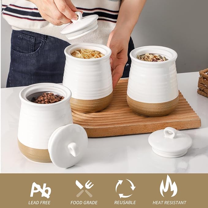 Ceramic Food Storage Jars,25 Oz Porcelain Kitchen Canisters with Airtight Lids Set of 3,Flour Containers for Countertop,Farmhouse Decor Serving Ground Coffee,Tea,Sugar,Pasta and Rice,White＆Yellow