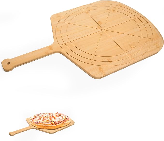 Wooden Pizza Peel 14 Inch Board with Engraved Sizes - Multi-Purpose Bamboo Pizza Cutting Board, Wood Pizza Peel, Pizza Spatula Paddle, and Serving Board with Size and Cutting Guide